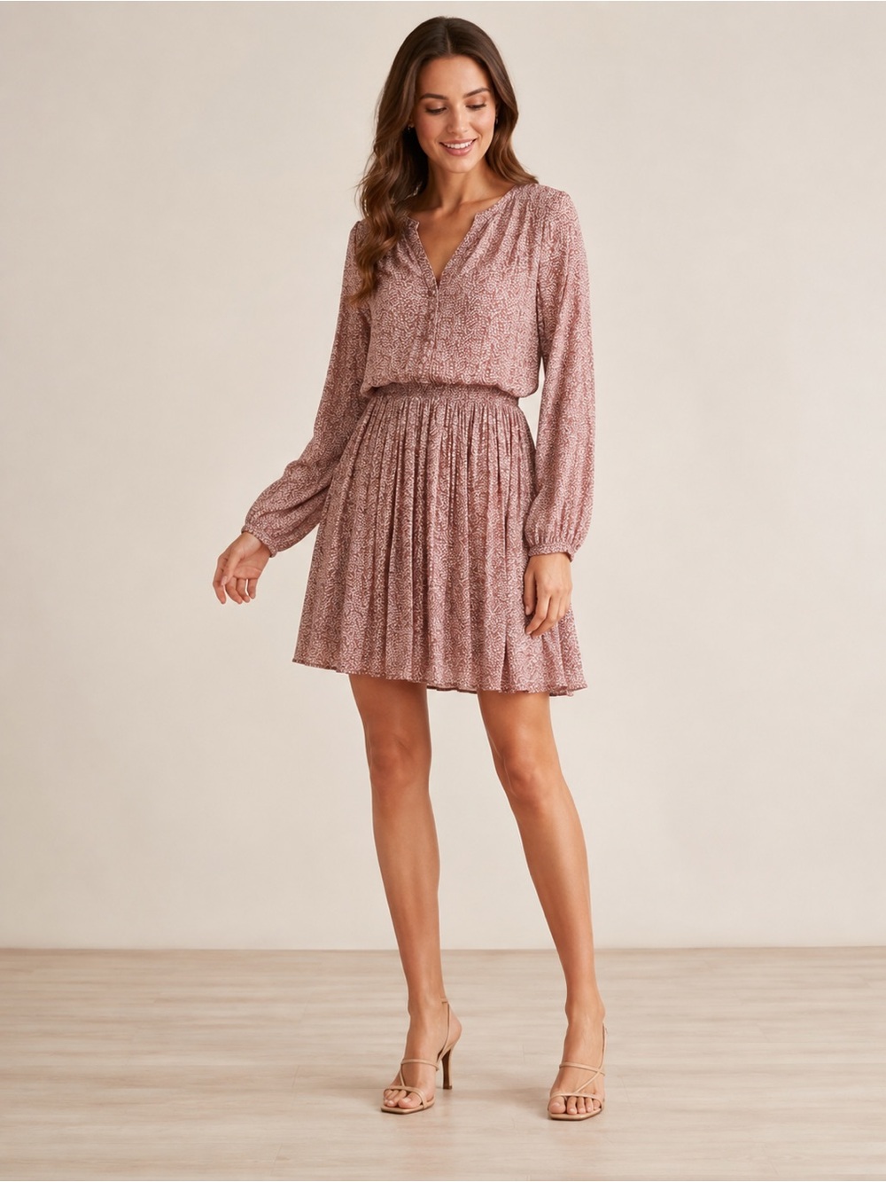 Faherty Long Sleeve Floral Dress in Pink